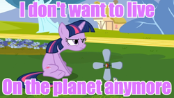 Size: 800x450 | Tagged: safe, derpibooru import, twilight sparkle, futurama, grumpy twilight, i don't want to live on this planet anymore, image macro, meme, purple text, solo