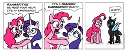 Size: 964x389 | Tagged: safe, artist:gingerfoxy, pinkie pie, rarity, changeling, earth pony, pony, unicorn, pony comic generator, comic, dialogue, disguise, disguised changeling, female, mare, simple background, speech bubble, white background