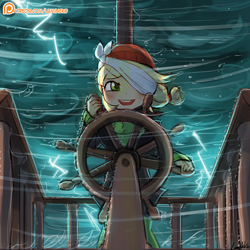 Size: 750x750 | Tagged: safe, artist:lumineko, applejack, equestria girls, ppov, blushing, captain jackbeard, clothes, cute, equestria girls interpretation, jackabetes, lightning, ocean, open mouth, patreon, patreon logo, rain, scene interpretation, ship, signature, solo, steering wheel, storm