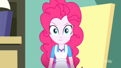 Size: 1278x718 | Tagged: safe, screencap, pinkie pie, eqg summertime shorts, equestria girls, the art of friendship, >:), apron, clothes, easel, evil grin, happy, looking at you, smiling, smirk