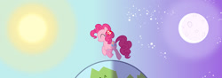 Size: 1280x450 | Tagged: safe, artist:grievousfan, pinkie pie, pony, eyes closed, moon, planet, plushie, smiling, solo, sun, trotting, ty