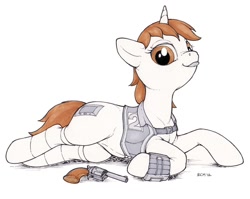 Size: 1004x800 | Tagged: safe, artist:ecmajor, oc, oc only, oc:littlepip, pony, unicorn, fallout equestria, clothes, fallout, fanfic, fanfic art, female, gun, hooves, horn, mare, pipbuck, pistol, revolver, simple background, socks, solo, tongue out, vault suit, weapon, white background