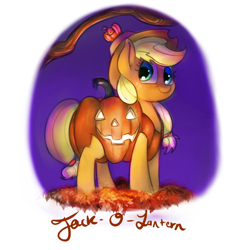 Size: 1150x1200 | Tagged: safe, artist:xxmarkingxx, applejack, earth pony, pony, applejack-o-lantern, cute, food, halloween, jack-o-lantern, jackabetes, nightmare night, pumpkin, pun, solo, visual pun