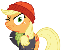 Size: 3703x3040 | Tagged: safe, artist:cloudyglow, applejack, earth pony, pony, ppov, .ai available, beanie, captain jackbeard, clothes, do ah look angry, freckles, hat, looking at you, one eye closed, silly, silly pony, simple background, solo, transparent background, vector, wavy mouth, who's a silly pony