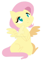 Size: 1024x1472 | Tagged: safe, artist:sk-ree, fluttershy, pegasus, pony, chibi, eyeshadow, flat colors, lidded eyes, looking up, makeup, simple background, sitting, smiling, solo, spread wings, transparent background, watermark, wings