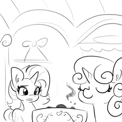 Size: 3707x3707 | Tagged: safe, artist:tjpones, rarity, sweetie belle, pony, unicorn, sisterhooves social, bread, cooking, female, food, grayscale, mare, monochrome, scene interpretation, siblings, simple background, sisters, sweetie belle can't cook, sweetie fail, toast, white background