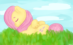 Size: 1097x679 | Tagged: safe, artist:discorcl, fluttershy, pegasus, pony, sky, sleeping, solo