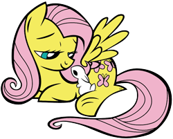 Size: 614x494 | Tagged: safe, artist:lauren faust, artist:princesseninka, fluttershy, pegasus, pony, rabbit, looking at something, prone, simple background, smiling, solo, spread wings, transparent background, wings