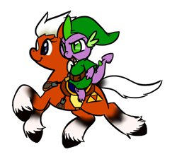 Size: 620x576 | Tagged: safe, spike, dragon, earth pony, pony, crossover, dragons riding ponies, epona, female, link, linkspike, mare, ponified, riding, simple background, the legend of zelda, white background