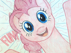 Size: 1436x1078 | Tagged: safe, artist:thefriendlyelephant, pinkie pie, pony, fun, looking at you, traditional art