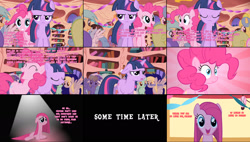 Size: 1922x1090 | Tagged: safe, artist:acedis, derpibooru import, pinkie pie, twilight sparkle, earth pony, pony, ace attorney, capcom, hilarious in hindsight, pink text, pinkamena diane pie, professor layton, professor layton vs ace attorney, purple text, text