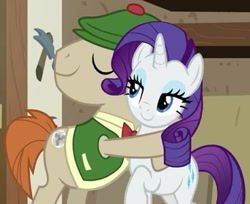 Size: 943x769 | Tagged: safe, screencap, mr breezy, rarity, pony, unicorn, it isn't the mane thing about you, cropped, duo, hug, lidded eyes