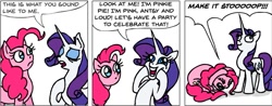 Size: 913x359 | Tagged: safe, artist:gingerfoxy, pinkie pie, rarity, pony, unicorn, pony comic generator, comic, derp, imitation, make it stop