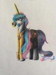 Size: 955x1280 | Tagged: safe, artist:colorfulcolor233, princess celestia, alicorn, pony, clothes, colored pencil drawing, drinking, female, i hate mondays, levitation, magic, mare, mug, simple background, solo, telekinesis, traditional art