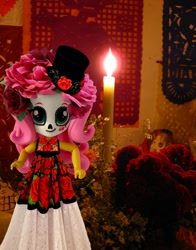 Size: 612x780 | Tagged: safe, artist:whatthehell!?, edit, fluttershy, equestria girls, calaverita, candle, cempasúchil, clothes, dia de los muertos, doll, equestria girls minis, flower, hat, irl, makeup, outfit, photo, skull, toy