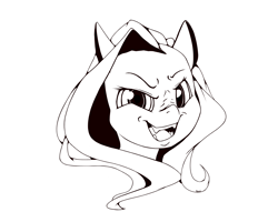 Size: 2500x2000 | Tagged: safe, artist:miokomata, fluttershy, pegasus, pony, black and white, bust, fangs, female, grayscale, lineart, looking at you, mare, monochrome, nose wrinkle, open mouth, portrait, raised eyebrow, simple background, smiling, solo, white background