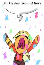 Size: 600x895 | Tagged: safe, artist:animealpha, applejack, earth pony, pony, confetti, crossover, engiejack, engineer, fake spy, griefing, solo, team fortress 2