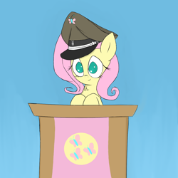 Size: 1100x1100 | Tagged: safe, artist:otherdrawfag, fluttershy, pegasus, pony, cutie mark flag, dictator, fasces, fascism, flag, hat, looking at you, peaked cap, podium, simple background