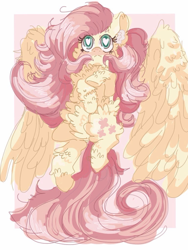 Size: 768x1024 | Tagged: safe, artist:cutebeerfloat, artist:supernoncutie, fluttershy, pegasus, pony, belly fluff, cheek fluff, chest fluff, ear fluff, fluffershy, fluffy, heart eyes, hoof fluff, hooves to the chest, leg fluff, looking up, solo, spread wings, wing fluff, wingding eyes, wings