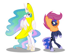 Size: 400x299 | Tagged: safe, artist:winter-scarf, princess celestia, princess luna, alicorn, pony, animal costume, banana, banana suit, bananalestia, bipedal, blushing, chicken suit, clothes, commission, costume, cute, cutelestia, female, food, im a banana, lunabetes, mare, scootaloo hat, scootaloo suit, simple background, sisters, standing, transparent background, wat