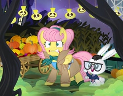 Size: 1000x784 | Tagged: safe, artist:pixelkitties, angel bunny, fluttershy, pegasus, pony, alternate hairstyle, barbra blair, clothes, cosplay, costume, crossover, duo, female, frightened, glasses, halloween, holiday, johnny blair, necktie, night, night of the living dead, night sky, nightmare night, nightmare night costume, open mouth, pumpkin, scared, sky, smoke, stars, wagon