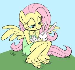 Size: 960x901 | Tagged: safe, artist:clovershroom, artist:kuroi-wolf, angel bunny, fluttershy, anthro, plantigrade anthro, barefoot, feet