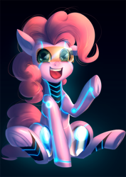 Size: 990x1400 | Tagged: safe, artist:bakki, pinkie pie, cyborg, pony, robot, robot pony, commission, female, frog (hoof), glow, gradient background, looking at you, open mouth, ponkbot, sitting, smiling, solo, spread legs, spreading, underhoof, visor, waving