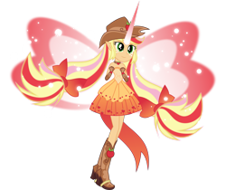 Size: 9300x7801 | Tagged: safe, artist:orin331, applejack, equestria girls, absurd resolution, clothes, cowboy hat, daydream shimmer, daydream-ified, dress, elf ears, freckles, hat, high heel boots, pigtails, simple background, sleeveless, solo, stetson, strapless, transparent background, twintails, updated, vector