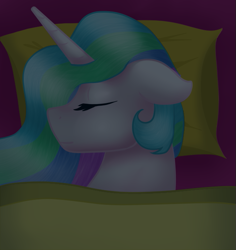 Size: 617x653 | Tagged: safe, artist:sevenserenity, princess celestia, alicorn, pony, bed, bust, commission, dark, eyes closed, portrait, sleeping