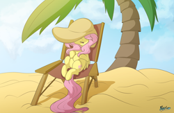 Size: 4000x2600 | Tagged: safe, artist:fluffyxai, fluttershy, pegasus, pony, beach, beach chair, drool, folded wings, hat, hat over eyes, hidden eyes, nap, open mouth, palm tree, sand, sleeping, solo, tree