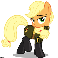 Size: 3000x3000 | Tagged: safe, artist:a4r91n, applejack, earth pony, pony, bedroom eyes, clothes, looking at you, military uniform, pose, raised leg, sergeant, simple background, smiling, solo, soviet, soviet union, tanker, transparent background, uniform, vector