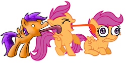 Size: 1400x700 | Tagged: artist needed, source needed, safe, edit, scootaloo, pegasus, pony, blank flank, female, filly, foal, hooves, impossibly long tongue, licking, non-consensual licking, prone, self ponidox, simple background, solo, spread wings, standing, tongue out, wat, white background, wings