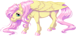 Size: 1882x887 | Tagged: safe, artist:kittehkatbar, fluttershy, pegasus, pony, colored hooves, female, folded wings, hoers, looking at you, mare, simple background, smiling, solo, tail feathers, transparent background, unshorn fetlocks, wings