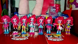 Size: 1536x864 | Tagged: safe, apple bloom, pinkie pie, pony, equestria girls, collection, doll, duality, equestria girls minis, eqventures of the minis, human ponidox, irl, merchandise, multeity, my little pony logo, photo, plushie, self ponidox, too much pink energy is dangerous, toy