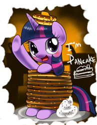 Size: 1400x1800 | Tagged: safe, artist:hoyeechun, derpibooru import, twilight sparkle, twilight sparkle (alicorn), alicorn, pony, castle sweet castle, blushing, butter, cute, female, i'm pancake, looking at you, mare, open mouth, pancakes, sitting, smiling, solo, twiabetes, underhoof, whipped cream