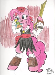 Size: 1680x2280 | Tagged: safe, artist:brekrofmadness, gummy, pinkie pie, earth pony, pony, semi-anthro, my little pony: the movie, clothes, gummy the parrot, pirate, pirate pinkie pie, sword, traditional art, weapon