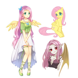 Size: 800x800 | Tagged: safe, artist:eminya, fluttershy, bat pony, human, pegasus, pony, anime, breasts, cleavage, clothes, female, flutterbat, humanized, mare, race swap, self ponidox, simple background, white background, winged humanization, wings