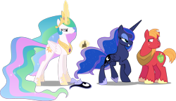 Size: 2280x1309 | Tagged: safe, artist:cloudyglow, artist:irisiter, artist:rainbowderp98, artist:spacekingofspace, edit, editor:slayerbvc, big macintosh, princess celestia, princess luna, alicorn, earth pony, pony, annoyed, celestia is not amused, crown, female, flirting, hoof shoes, jewelry, lidded eyes, lunamac, magic, male, mare, not sure if want, peytral, regalia, royal sisters, shipping, simple background, stallion, straight, transparent background, unamused, undressing, vector, vector edit