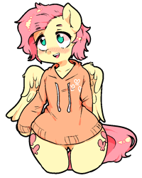 Size: 651x815 | Tagged: safe, artist:kkotnim, butterscotch, fluttershy, pegasus, pony, blushing, both cutie marks, clothes, femboy, hoodie, male, rule 63, simple background, solo, white background