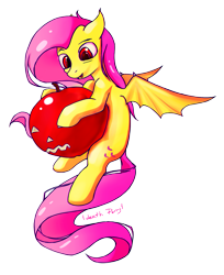 Size: 1471x1801 | Tagged: safe, artist:1deathpony1, fluttershy, bat pony, pony, apple, female, flutterbat, food, mare, race swap, simple background, smiling, solo, transparent background