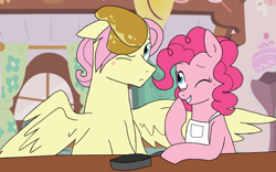 Size: 1280x800 | Tagged: safe, artist:dilemmas4u, butterscotch, fluttershy, pinkie pie, earth pony, pegasus, pony, adorascotch, blushing, butterpie, cute, female, food, half r63 shipping, male, one eye closed, pancakes, rule 63, rule63betes, shipping, straight, sugarcube corner