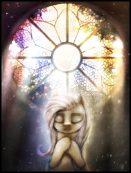 Size: 870x1150 | Tagged: safe, artist:ventious, fluttershy, pegasus, pony, backlighting, crepuscular rays, dark, eyes closed, kindness, sad, seven heavenly virtues, solo, stained glass