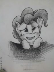 Size: 1224x1632 | Tagged: safe, artist:jchu9151, pinkie pie, earth pony, pony, female, grayscale, mare, monochrome, smiling, solo, traditional art