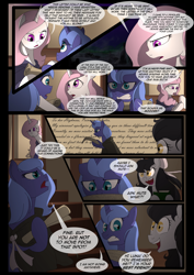 Size: 1240x1754 | Tagged: safe, artist:lunarcakez, princess celestia, princess luna, oc, oc:mazzy, alicorn, pony, comic:the origins of hollow shades, candle, comic, pink-mane celestia, s1 luna, scroll