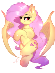 Size: 900x1200 | Tagged: safe, artist:moondreamer16, fluttershy, bat pony, pony, female, flutterbat, looking at you, mare, race swap, simple background, smiling, solo, white background