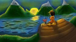 Size: 3264x1836 | Tagged: safe, artist:xskytheartist, applejack, earth pony, pony, fishing, scenery, solo