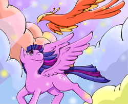 Size: 2020x1629 | Tagged: safe, artist:kittykatkay, derpibooru import, philomena, twilight sparkle, twilight sparkle (alicorn), alicorn, pony, cloud, cloudy, female, flying, mare