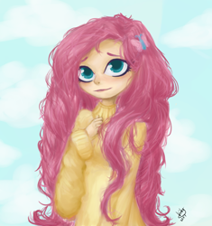 Size: 1600x1700 | Tagged: safe, artist:drawinglikeaunicorn, fluttershy, human, clothes, humanized, smiling, solo, sweater, sweatershy