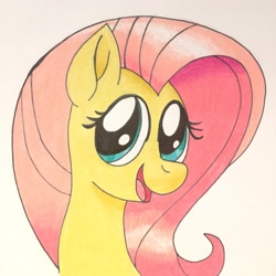 Size: 3024x3024 | Tagged: safe, artist:pavementartist, fluttershy, pegasus, pony, bust, head turn, looking at you, open mouth, portrait, simple background, smiling, solo, traditional art, white background