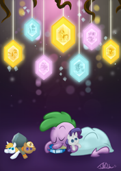 Size: 2480x3508 | Tagged: safe, artist:jodeonslow, derpibooru import, prince blueblood, rarity, spike, tom, trenderhoof, twilight sparkle, dragon, pony, unicorn, castle sweet castle, female, golden oaks chandelier, male, plushie, rarity plushie, shipping, sleeping, sparity, straight